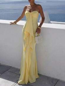 Aloruh 女士纯黄色新款缎面褶皱荷叶边连衣裙，适合度假、约会、婚礼季穿着 - 黃色 - 查看 1