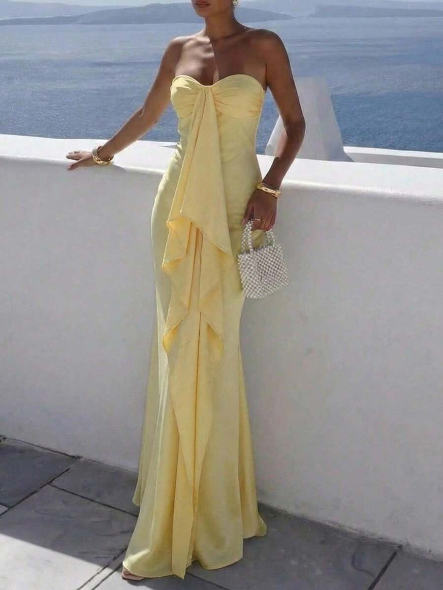 Aloruh 女士纯黄色新款缎面褶皱荷叶边连衣裙，适合度假、约会、婚礼季穿着 - 黃色 - 查看 1