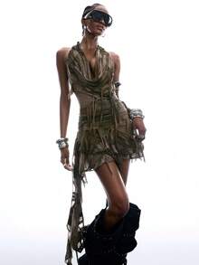 LYSMO 2026 New Arrive Minimalism Spring/Summer Women's Fashionable  Plunging Neck Ruched Sexy Halter Mini Dress,Asymmetric - Olive Green - View 9