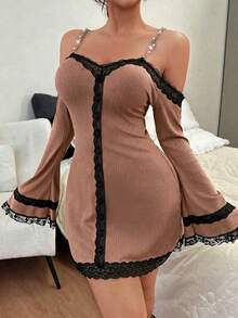 SHEIN 性感V领长袖露肩蕾丝拼接女士睡裙 - 咖啡棕 - 查看 5