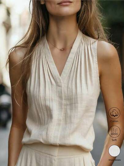 Balvessa Women's Summer Sleeveless V-Neck Cotton Pleated Tank Top, Commuter Versatile Slimming Style, Suitable For Daily Outings, Vacation, Beach Casual Wear