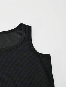 SHEIN 青少年女孩 2件組字母刺繡背心上衣與寬腿運動長褲，粉色夏季休閒度假運動風聚會套裝 - 黑色 - 查看 4