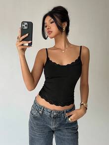 SHEIN PETITE CURVE 大尺碼女款黑色蕾絲飾邊細肩帶背心上衣，優雅夏季吊帶上衣，正式晚裝日常休閒，免內衣度假款，Y2K鄉村風 - 黑色 - 查看 8