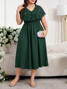 SHEIN Clasi Plus Size Women Elegant Patchwork Ruffle Beaded Design Dress - Dark Green - View 4