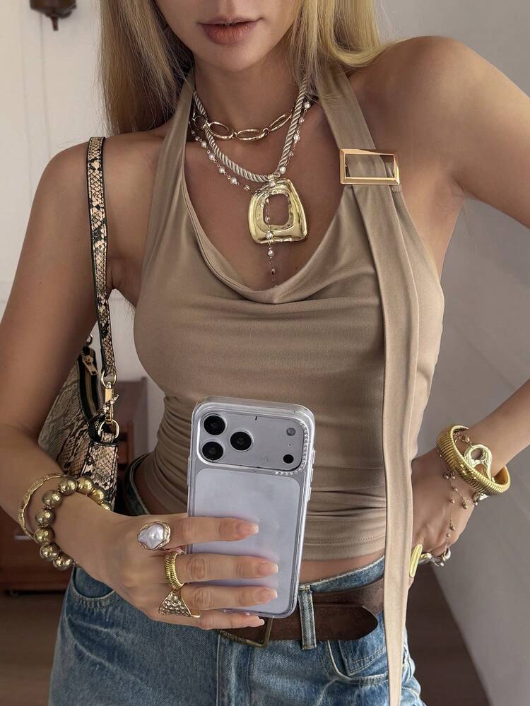 Women's Halter Neck Tight Fit Metal Decor Button Tie-Up Casual Vacation Beach Street Wear Vest, Spring & Summer