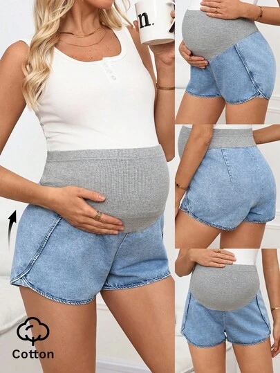 SHEIN Shorts vaqueros de maternidad de lavado claro con panel de cintura elástico para un apoyo cómodo durante el embarazo, versátiles para uso diario, casual, de fiesta, de boda, de negocios, de playa, de graduación y talla grande