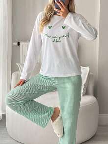 WovenCharm Women's Drop Shoulder Love & Slogan Printed Pajama Set - Green - View 4