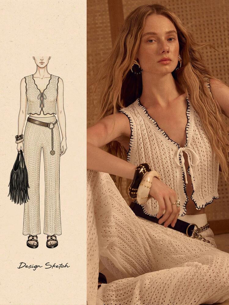 MOTF STUDIO WOMEN'S HOLLOW-OUT CROCHET CONTRAST COLOR KNITTED 2 PIECES SET (TANK & PANTS)