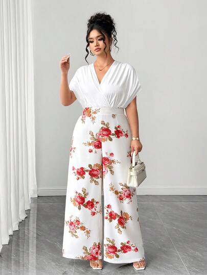 Elenzga 大码女式印花优雅阔腿连体裤