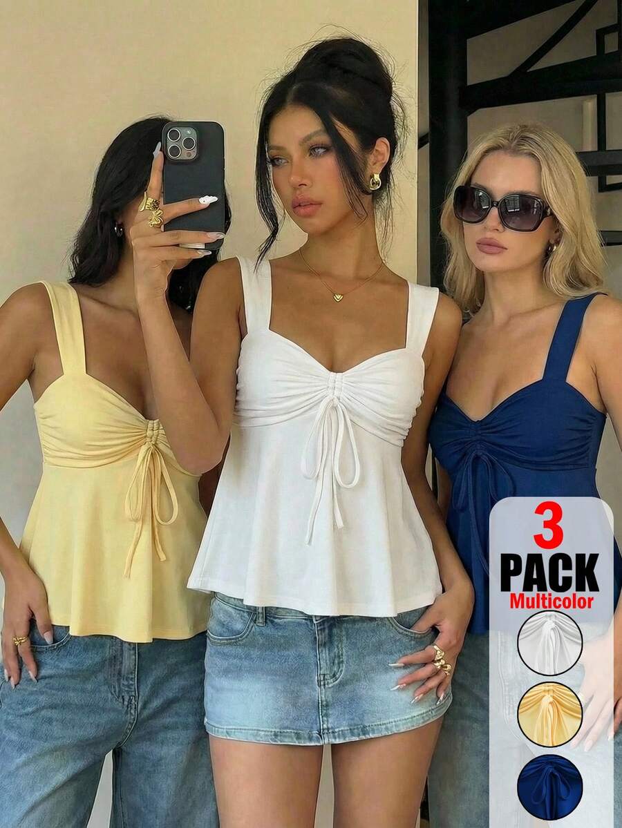 SHEIN EZwear 三件套 白色、米黄色、藏蓝色 夏季休闲女式抽绳吊带背心，户外穿着，度假休闲，可爱夏日上衣，修身性感，街头风，适合度假、音乐节、上学、海岛等场合，时尚百搭，也是送给朋友的绝佳礼物 - 彩色 - 查看 1