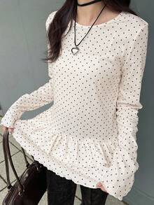 FRIFUL Women's Summer Polka Dot Print Round Neck Long Sleeve Ruffle Hem Blouse - Beige - View 4