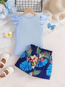 SHEIN 两件套女童时尚蓝色圆领喇叭袖上衣+印花蝴蝶结短裤套装，时尚休闲装，适合日常、海滩、度假、夏季穿着 - 藍色 - 查看 2