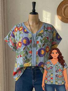 Rusticease Plus Size Blue Floral Print Batwing Sleeve Casual Vacation Summer Boho Top For Women, Spring Festival Holiday, Country Style - Multicolor - View 8