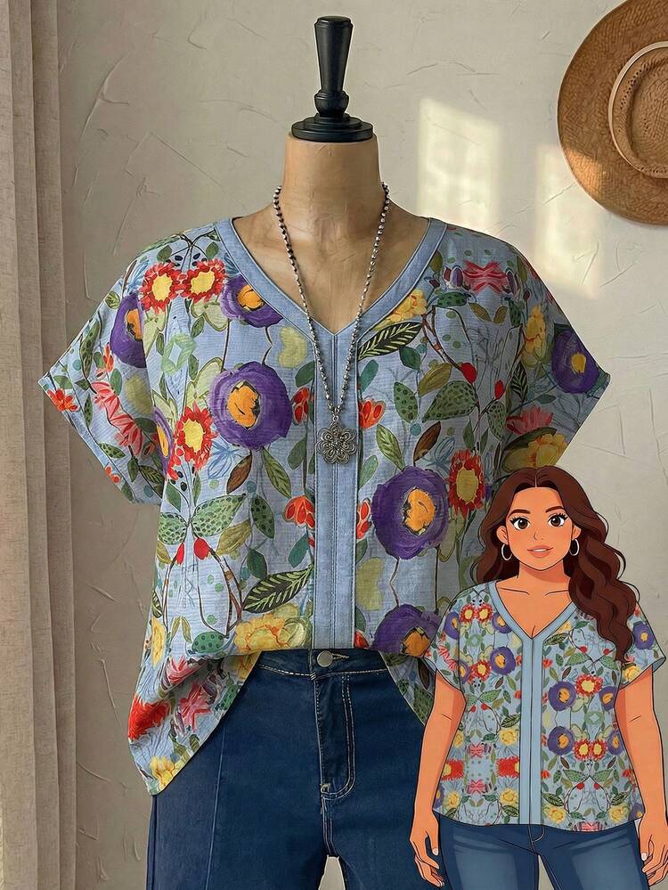 Plus Size Floral Print Batwing Sleeve Casual Vacation Shirt