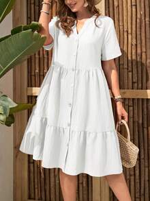EMERY ROSE Plus Size Casual Solid Color Button Front Dress - White - View 1