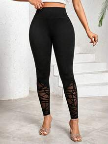 SHEIN Lady Quần legging nữ cạp cao phối ren - màu đen - Xem 5