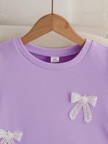 Elladie kids Đầm ngắn tay xếp ly thắt nơ cho bé gái tuổi teen, dáng rộng, thích hợp mùa xuân/hè. - Màu tím hoa cà - Xem 6