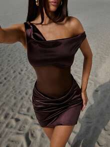 SHEIN ICON Asymmetrical Shoulder Mesh Patchwork Mini Dress,Summer Dresses For Women - Brown - View 1