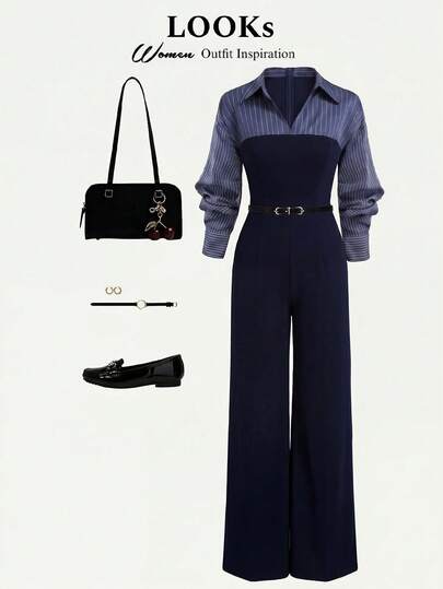 Franclia Bộ jumpsuit dài tay cổ chữ V dáng rộng thanh lịch dành cho nữ cỡ lớn, kiểu dáng công sở thường ngày, phối sọc, có khóa kéo.
