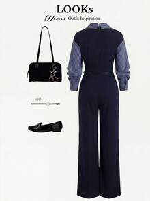 Franclia 大码女式优雅通勤休闲条纹拼接长袖V领连体裤，阔腿设计，带拉链细节 - 藏蓝色 - 查看 2