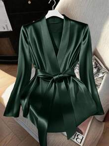 GlowEve CURVE Plus Size Women's Elegant Shawl Neck Belted Solid Color Shirt, Spring/Autumn - Dark Green - View 4