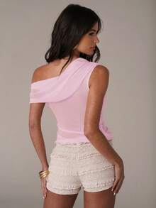 SHEIN BAE Blusa de mujer de unicolor con hombro asimétrico fruncido y de moda - Rosa Pálido - Ver 2