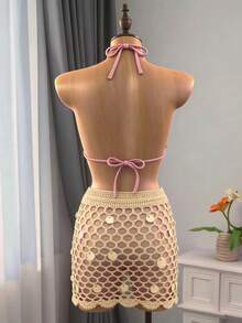 Swim Lushoire Sequin Decor Hollow-Out Coverup Cover Up & Sweet Mini Skirt Set For Summer Beach Vacation - Apricot - View 3