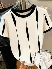 GlowEve Women's Casual Color Block Round Neck Short Sleeve T-Shirt, Summer - Black and White - View 8