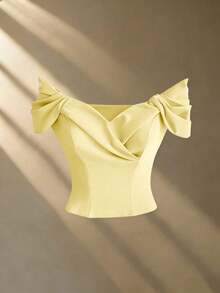 Endroma Áo croptop nữ kiểu Pháp thanh lịch màu xanh dương với thiết kế xếp ly, thắt eo, tôn dáng, thời trang, cao cấp, sang trọng cho mùa hè. - Màu vàng - Xem 6
