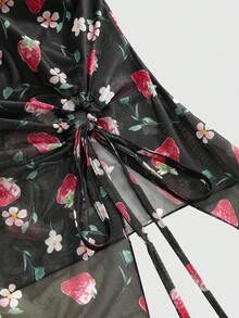 ROMWE Kawaii 大码女装夏季休闲草莓花印花不对称下摆抹胸上衣 - 黑色 - 查看 3