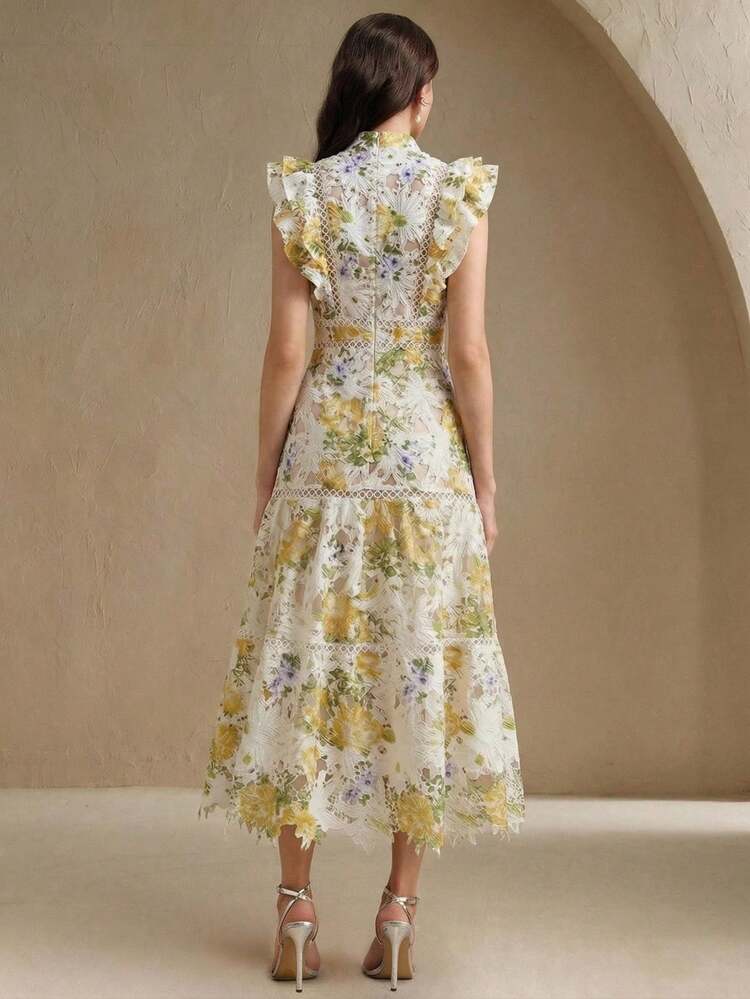 Elegant Vacation Yellow-Green Water-Soluble Lace Flared Ruffle Sleeve Waist Cinching Long Dress For Women