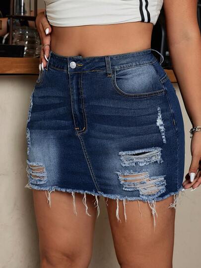 SHEIN ICON Chân váy mini denim rách gấu có túi dành cho nữ cỡ lớn
