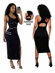 BamGleam Đầm ôm sát gợi cảm xẻ tà bên hông, không đường may, chất liệu dệt kim dành cho nữ. - màu đen - Xem 1