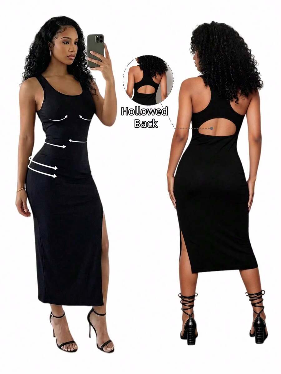 BamGleam Đầm ôm sát gợi cảm xẻ tà bên hông, không đường may, chất liệu dệt kim dành cho nữ. - màu đen - Xem 1