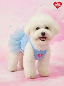Care Bears X PETSIN 1件猫狗通用服装，可爱印花爱心熊图案蓝色吊带裙，春夏薄款公主风宠物连衣裙 - 藍色 - 查看 3