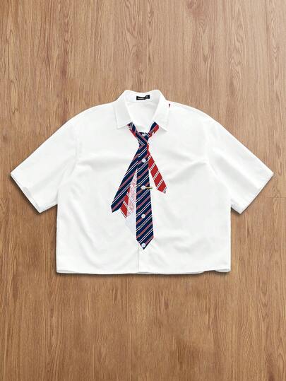 Manfinity Joysei 2pcs Colorful Striped Fake Collar, Fashion Printed Loose Fit Short Sleeve Collared Shirt, Ideal For Dates And Gatherings, Couple Gift For Boyfriend