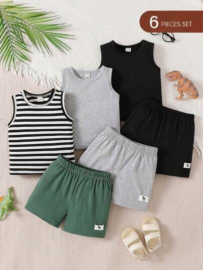 SHEIN Bộ 6 món áo ba lỗ và quần short màu trơn cho bé trai, thích hợp mặc mùa hè.