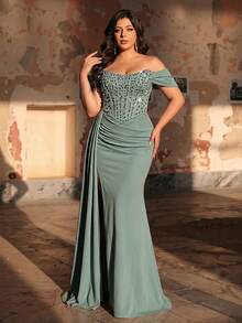 Aureia Plus Size Elegant Sage Green Summer Evening Formal Dress,Luxury Crystal & Pearl Decor U-Neck Hanging Sleeve High Slit Mermaid Hem Wedding Party Gala - Green - View 1