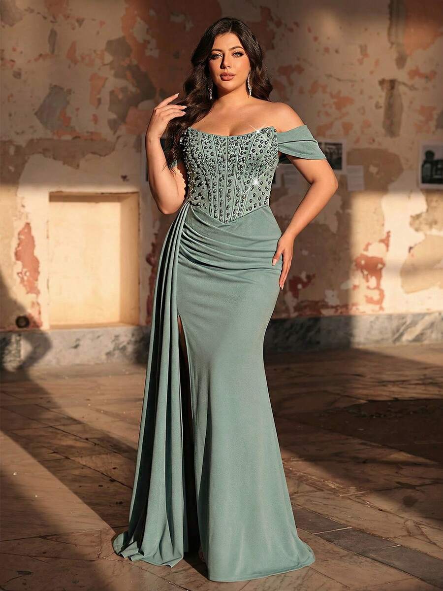 Aureia Plus Size Elegant Sage Green Summer Evening Formal Dress,Luxury Crystal & Pearl Decor U-Neck Hanging Sleeve High Slit Mermaid Hem Wedding Party Gala - Green - View 1