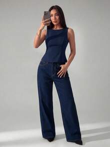 SHEIN PETITE 女士夏季时尚设计师黑色上衣 - 藏蓝色 - 查看 7