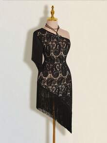 SHEIN ICON Áo kiểu nữ thời trang màu hạt điều, lệch vai, viền tua rua. - màu đen - Xem 10