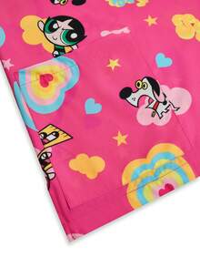 PopScrub THE POWERPUFF GIRLS X SHEIN Áo đồng phục y tế cổ chữ V in họa tiết trái tim và cầu vồng rực rỡ dành cho nữ, sản phẩm hợp tác với thương hiệu hoạt hình. - Màu Hồng Tươi - Xem 7