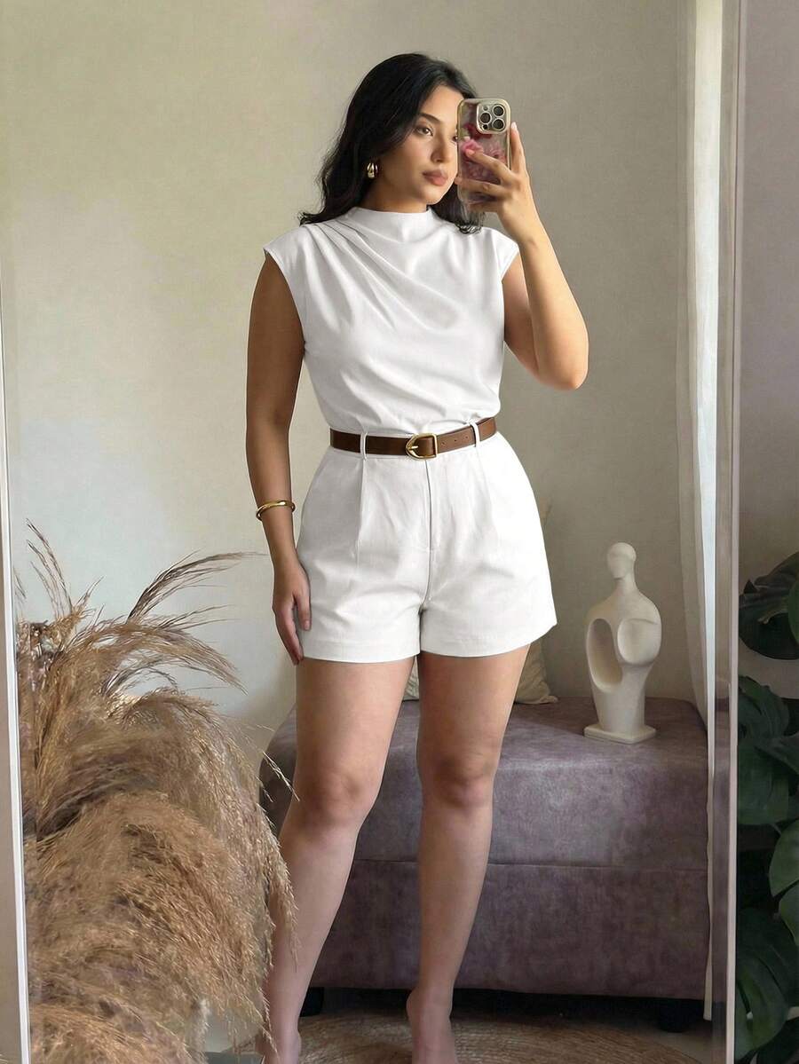 SHEIN MOD PLUS SIZE WOMEN HIGH NECK SOLID POCKET JUMPSUIT WITH BELT - White - View 1
