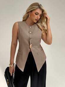 Auralis Plus Size Summer Outfits For Women Office Outfits For Women Work Clothes Women Old Money Style Women Cruise Outfits Women Airport Outfit For Women Funny Shirts Graduation Outfit Business Casual Woman New Commuter Fashion Elegant Solid Color Khaki Metal Buckle Decoration Camisole,Summer Tops,Going Out Tops, - Khaki - View 6