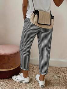 Breezaya 休闲弹力腰条纹直筒裤，带斜口袋 - 黑色 - 查看 2