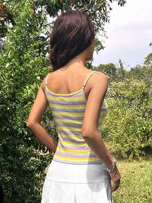 SHEIN EZwear Áo hai dây ôm dáng in họa tiết sọc tương phản dành cho nữ mùa hè - Màu vàng - Xem 2