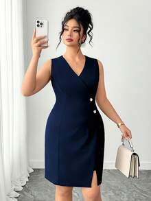 SHEIN Elenzya Đầm không tay dáng ôm, màu trơn, cổ chữ V, cỡ lớn, thanh lịch. - Màu xanh hải quân - Xem 4