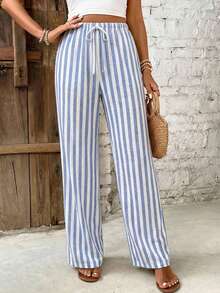 SHEIN Frenchy Casual Minimalist Style Vacation Blue & White Striped Women Elastic Waist Drawstring Loose Pants, Suitable For Spring & Summer Vacation - Multicolor - View 4