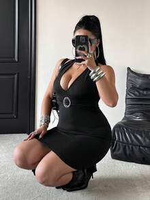 POPSWAY Plus Size Women V-Neck Ruched Front Hollow Design Sleeveless Backless Dress - Black - View 6
