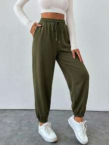 Cottnline Women Sweatpants Gym Sports Army Green Autumn Athleisure - Olive Green - View 3